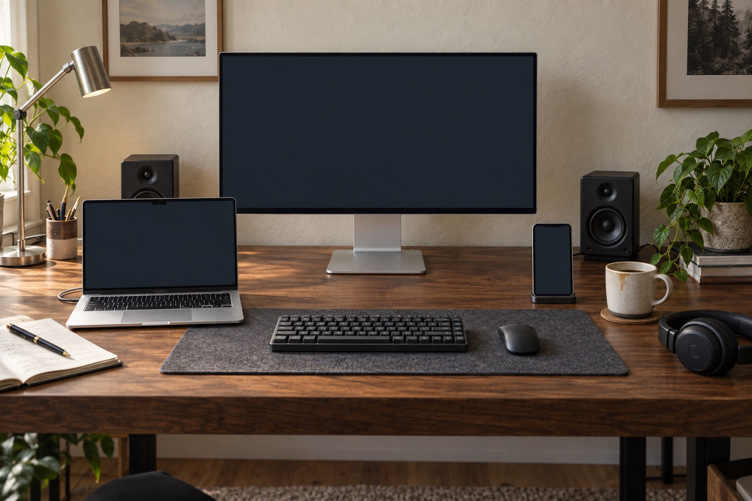 An elegant everyday walnut desk with a silver MacBook, monitor, phone, keyboard, mouse, speakers and accessories in natural window light.